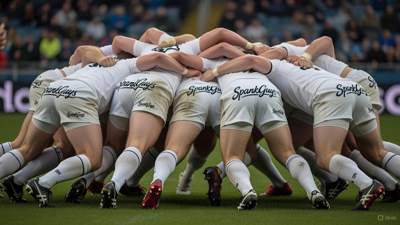 A group of rugby players in a scrub with SpankGuys printed on the back of their shorts