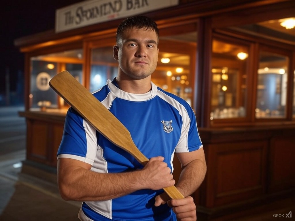 A man standing outside a bar holding a wooden spanking paddle